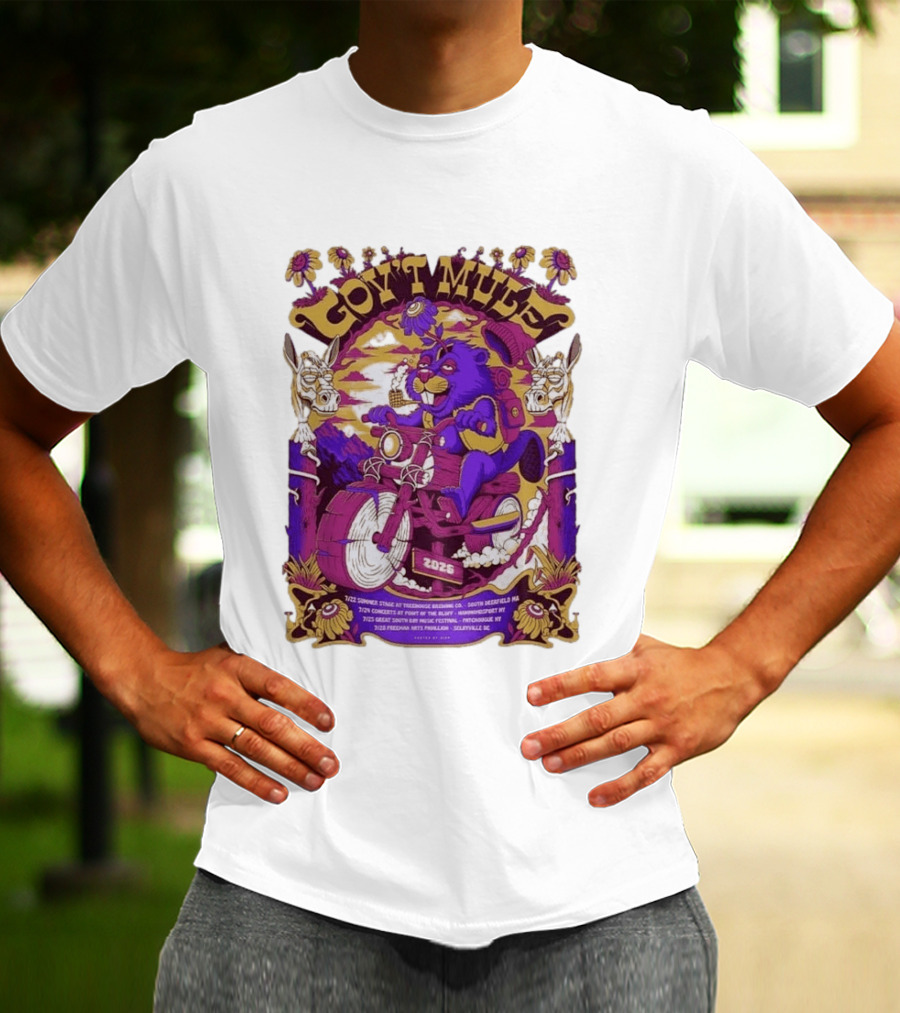 Gov't Mule Summer Tour 2026 Psychedelic Bear Riding Motorcycle Concert Dates And Locations T-Shirt