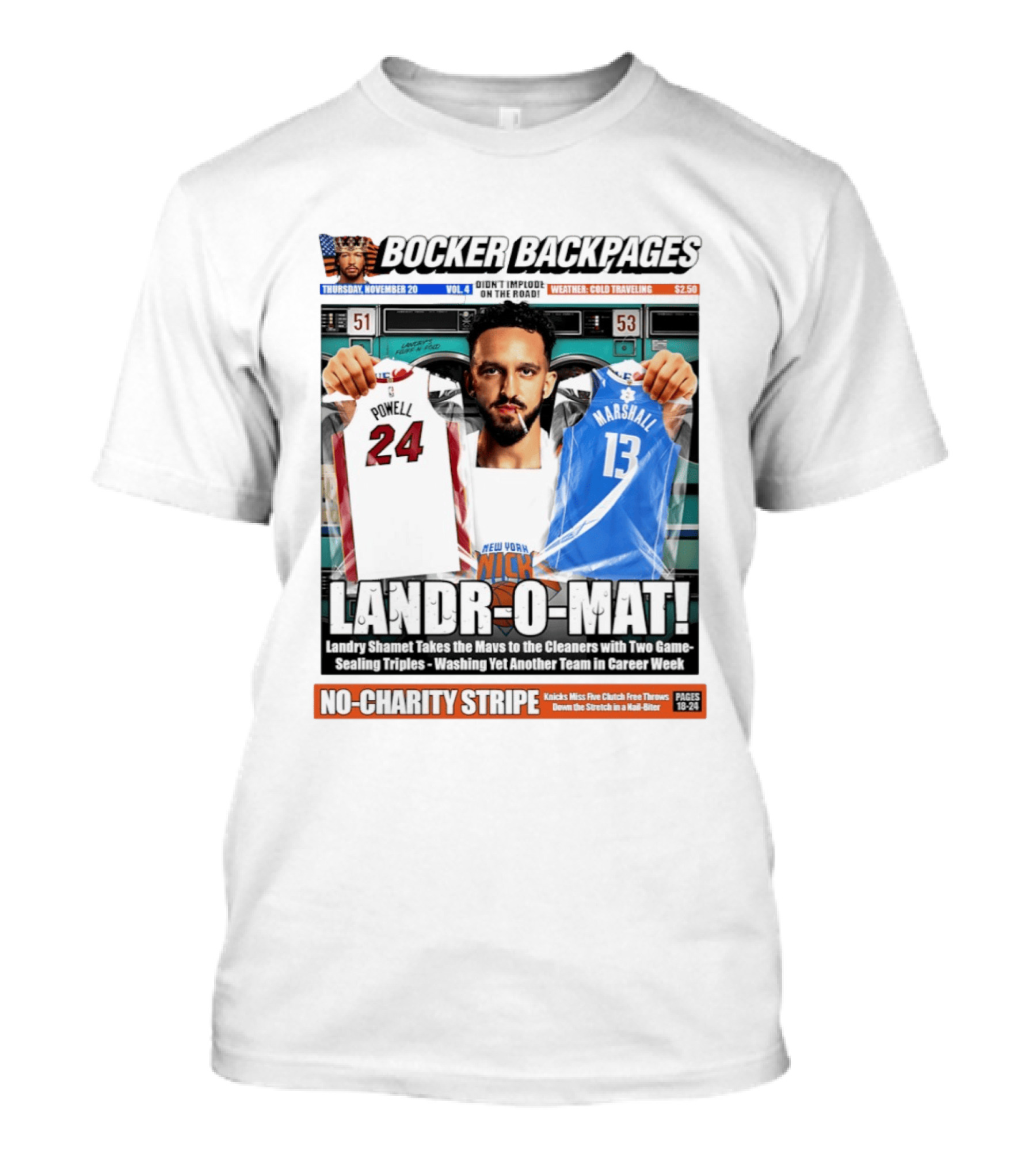 Landr O Mat Landry Shamet New York Knicks Powell 24 Marshall 13 Bocker Backpages T-Shirt