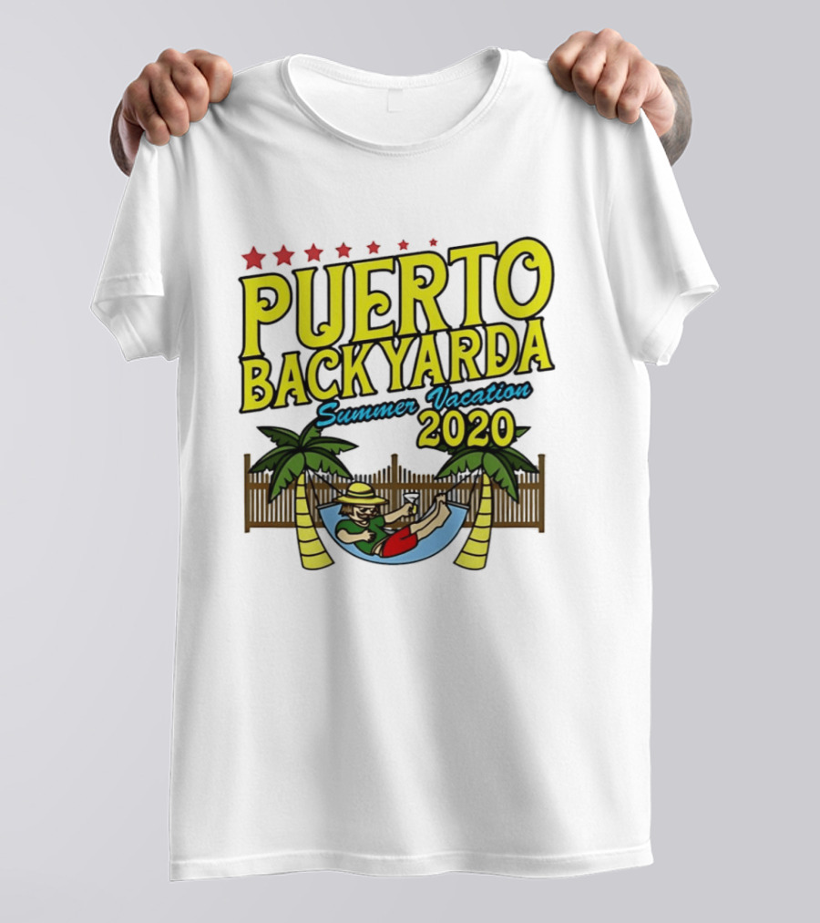 Puerto Backyarda Summer Vacation 2020 Relaxing Hammock Palm Trees Retro Cartoon T-Shirt