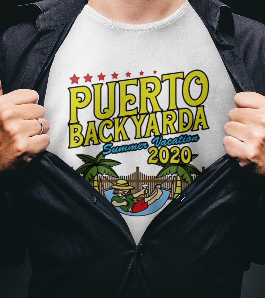 Puerto Backyarda Summer Vacation 2020 Relaxing Hammock Palm Trees Retro Cartoon T-Shirt