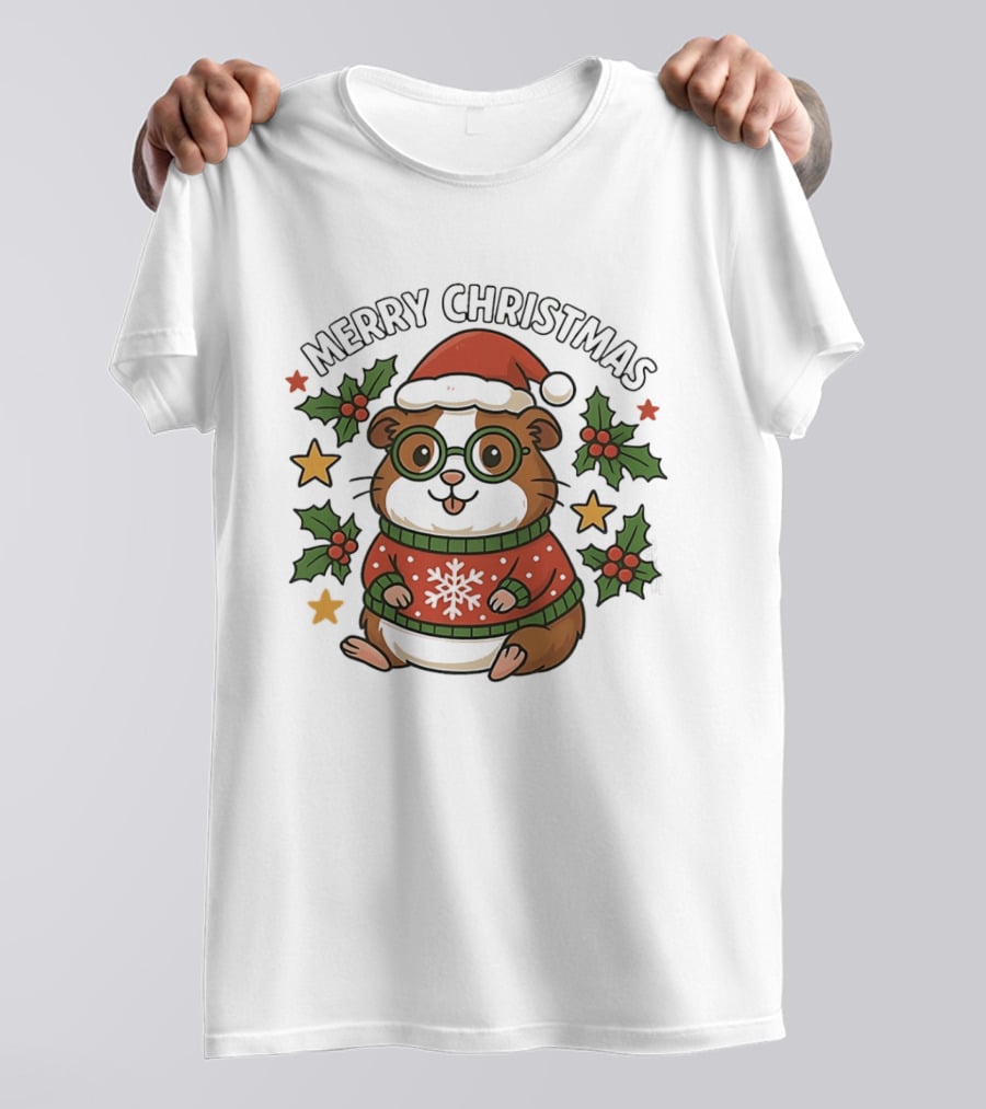 Merry Christmas Santa Guinea Pig In Holiday Sweater With Holly And Stars T-Shirt