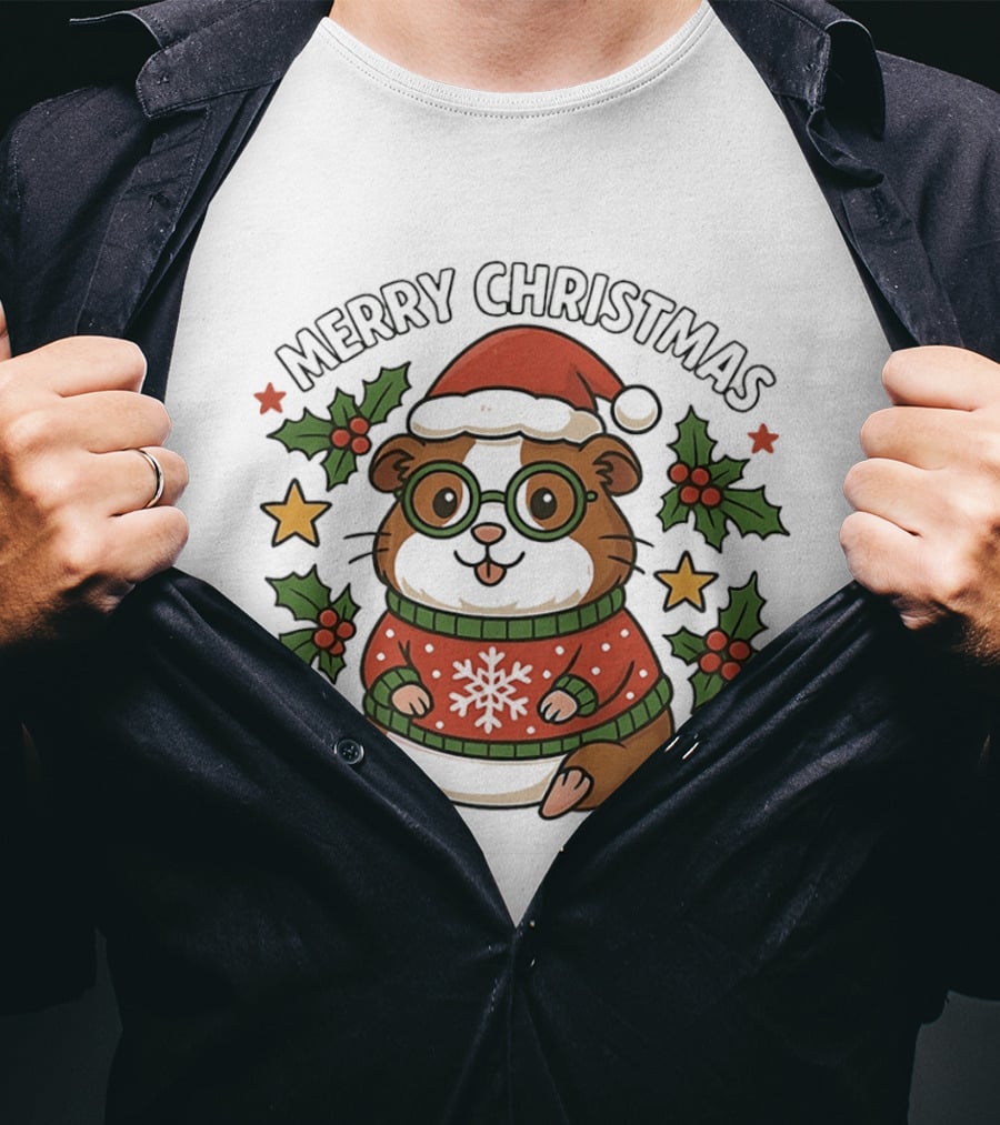 Merry Christmas Santa Guinea Pig In Holiday Sweater With Holly And Stars T-Shirt