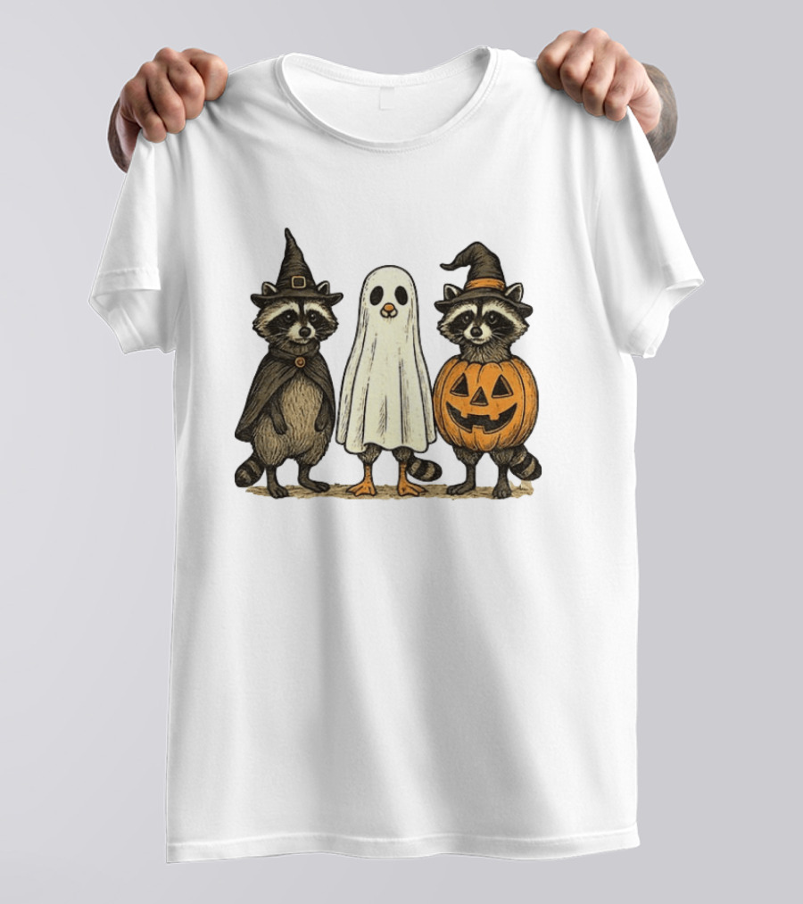 Spooky Boo Ghost Raccoon Pumpkin Raccoon Witch Hat Happy Halloween 2025 T-Shirt