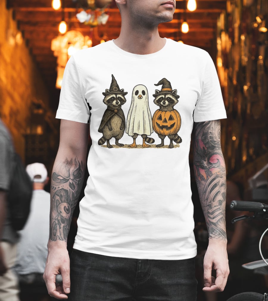 Spooky Boo Ghost Raccoon Pumpkin Raccoon Witch Hat Happy Halloween 2025 T-Shirt