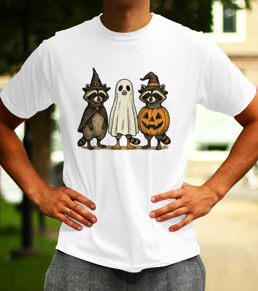 Spooky Boo Ghost Raccoon Pumpkin Raccoon Witch Hat Happy Halloween 2025 T-Shirt