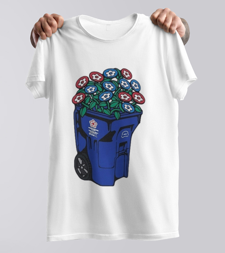 Vandy The Pink Trash Can Blue Recycling Bin Flowers T-Shirt
