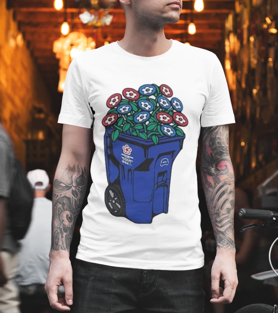 Vandy The Pink Trash Can Blue Recycling Bin Flowers T-Shirt