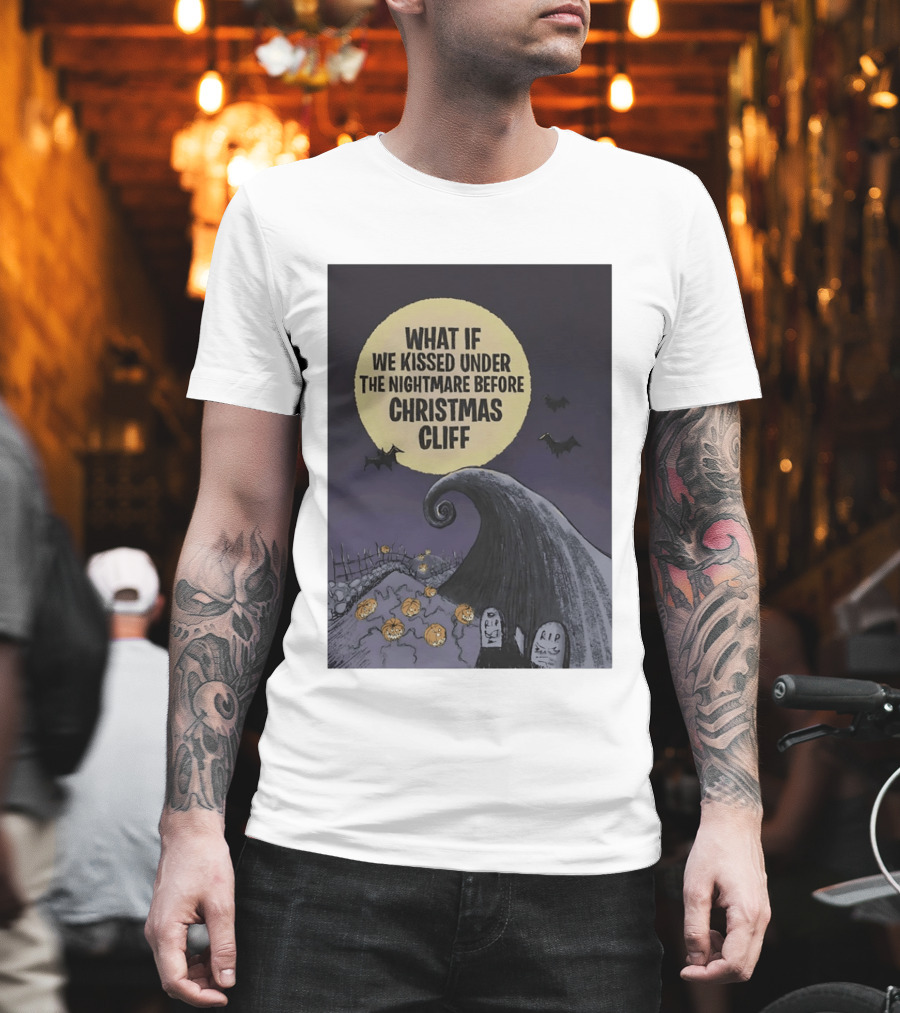 What If We Kissed Under The Nightmare Before Christmas Cliff Halloween Moon Bats Pumpkins Graveyard Scene T-Shirt