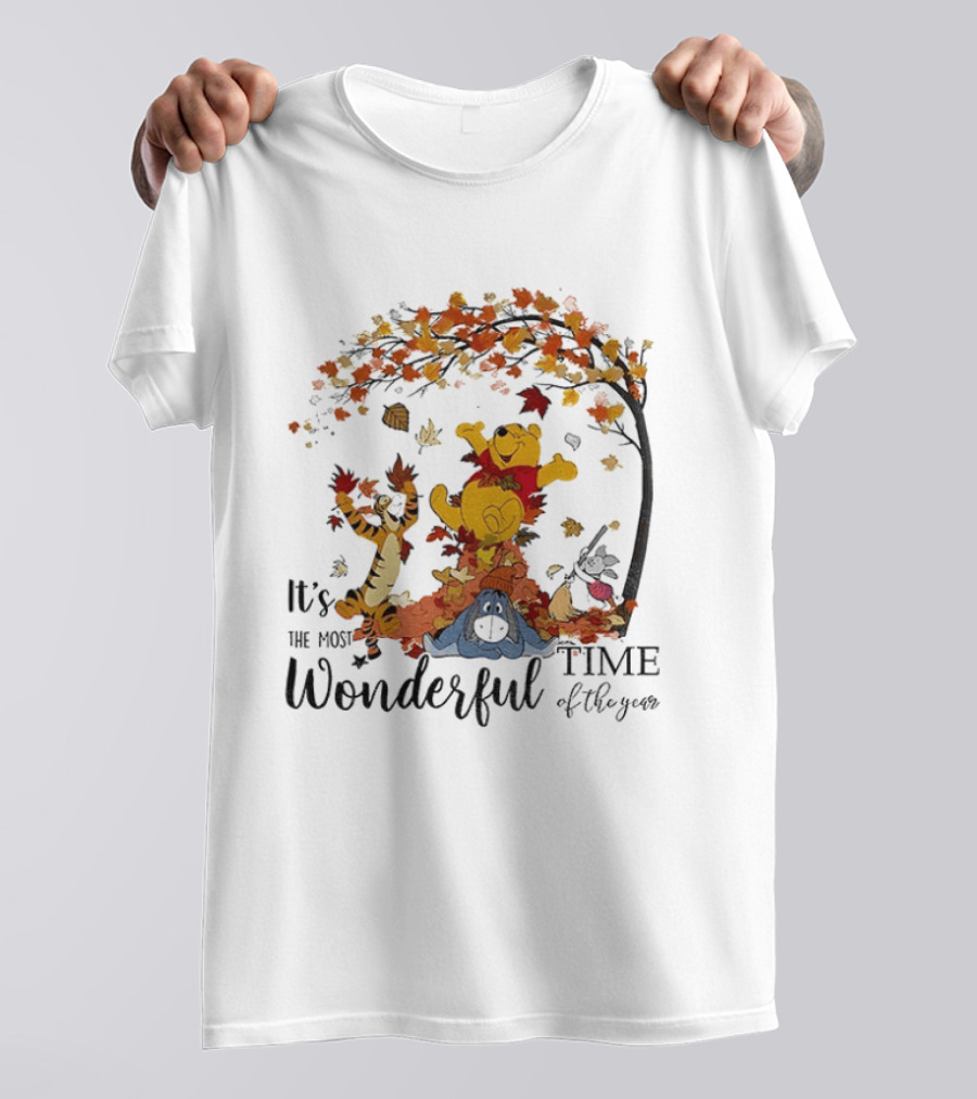 Winnie The Pooh It's The Most Wonderful Time Of The Year Happy Fall Autumn Leaves T-Shirt