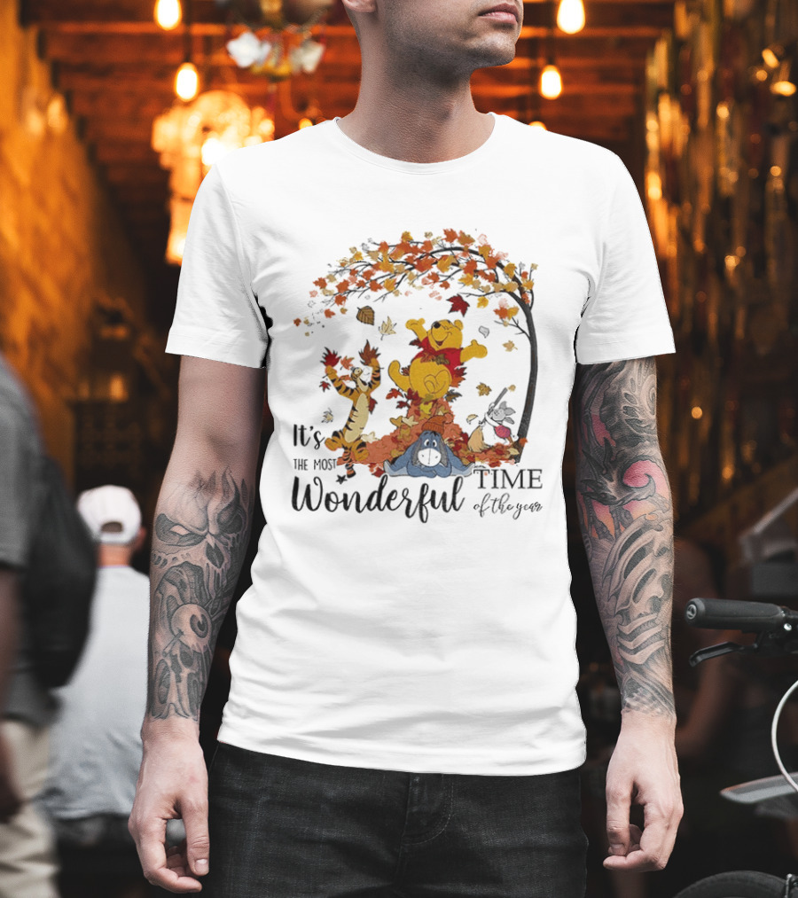 Winnie The Pooh It's The Most Wonderful Time Of The Year Happy Fall Autumn Leaves T-Shirt
