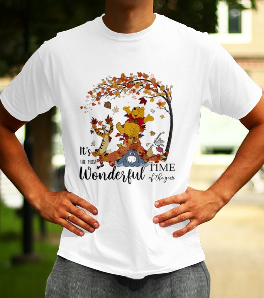 Winnie The Pooh It's The Most Wonderful Time Of The Year Happy Fall Autumn Leaves T-Shirt