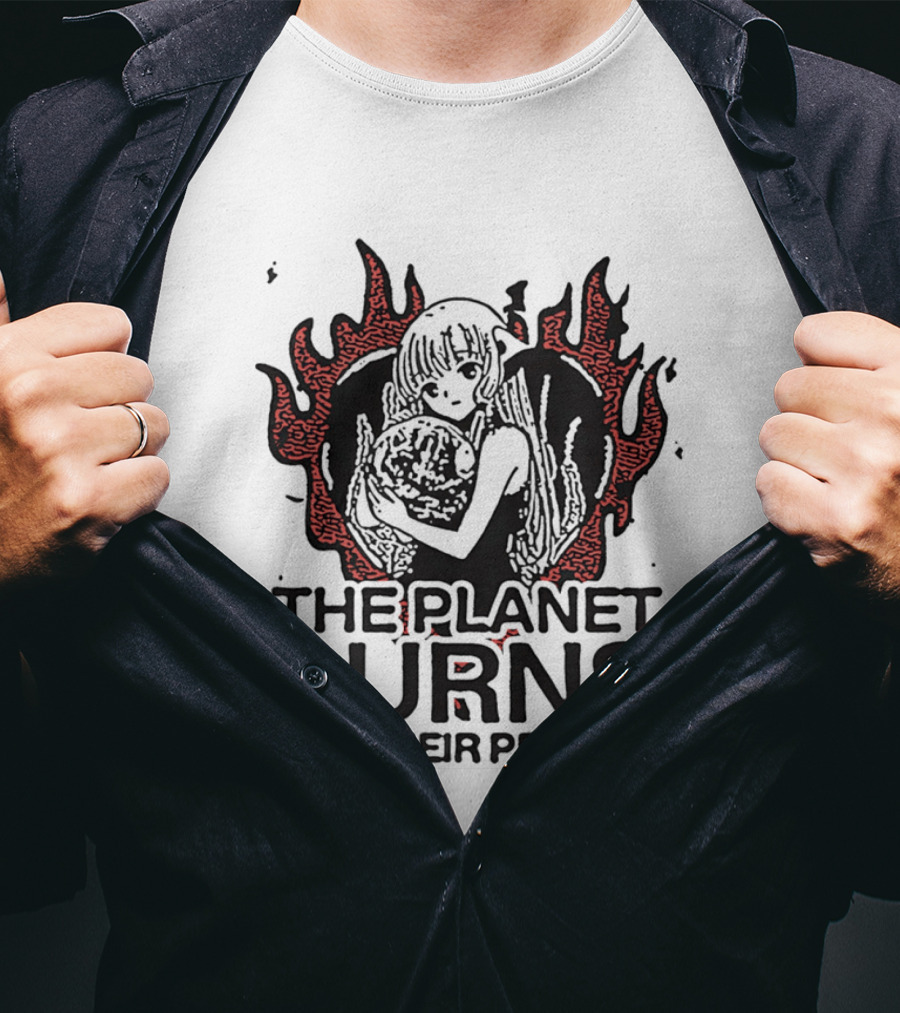 The Planet Burns Anime Girl Holding Earth Fiery Profits T-Shirt