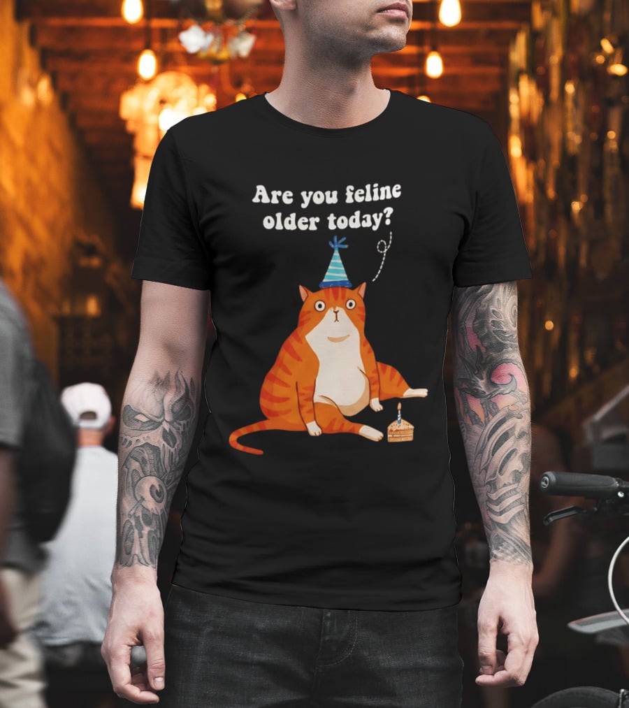 Are You Feline Older Today Birthday Cat With Party Hat And Cake T-Shirt