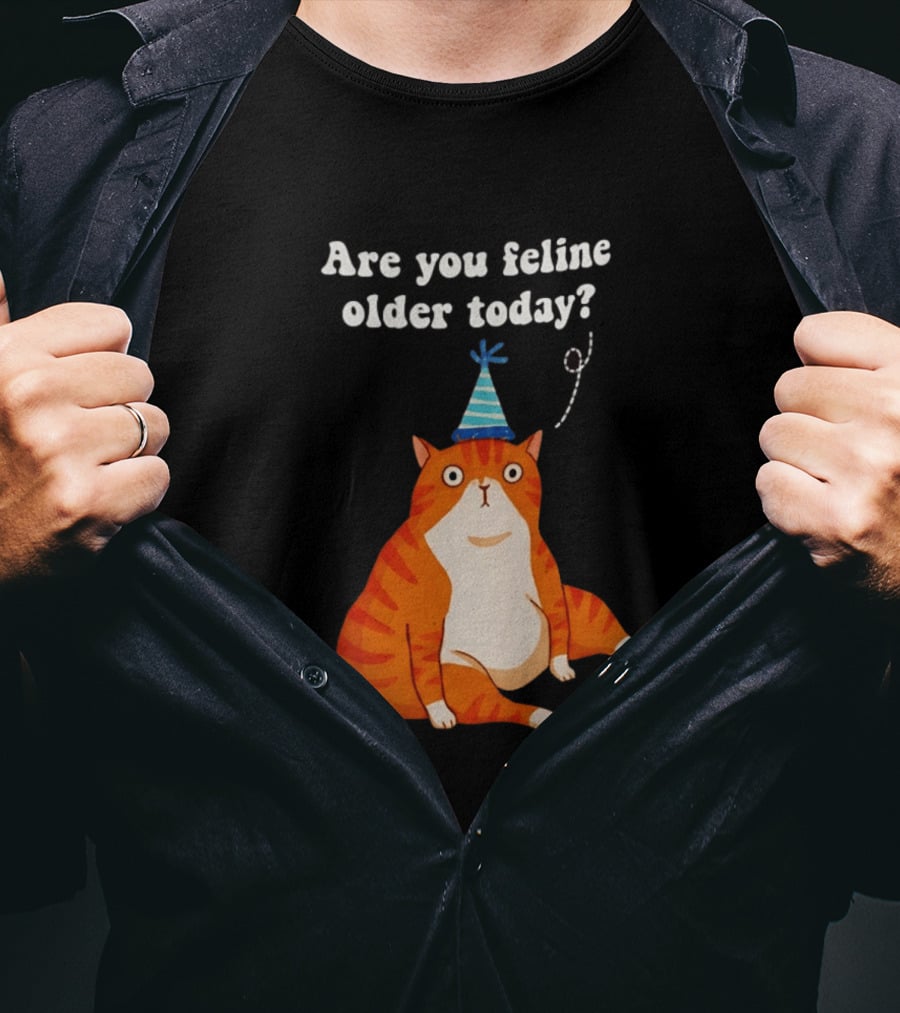 Are You Feline Older Today Birthday Cat With Party Hat And Cake T-Shirt