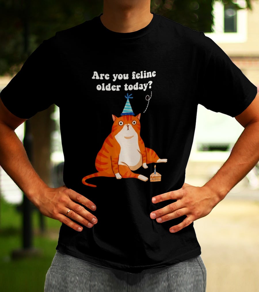 Are You Feline Older Today Birthday Cat With Party Hat And Cake T-Shirt