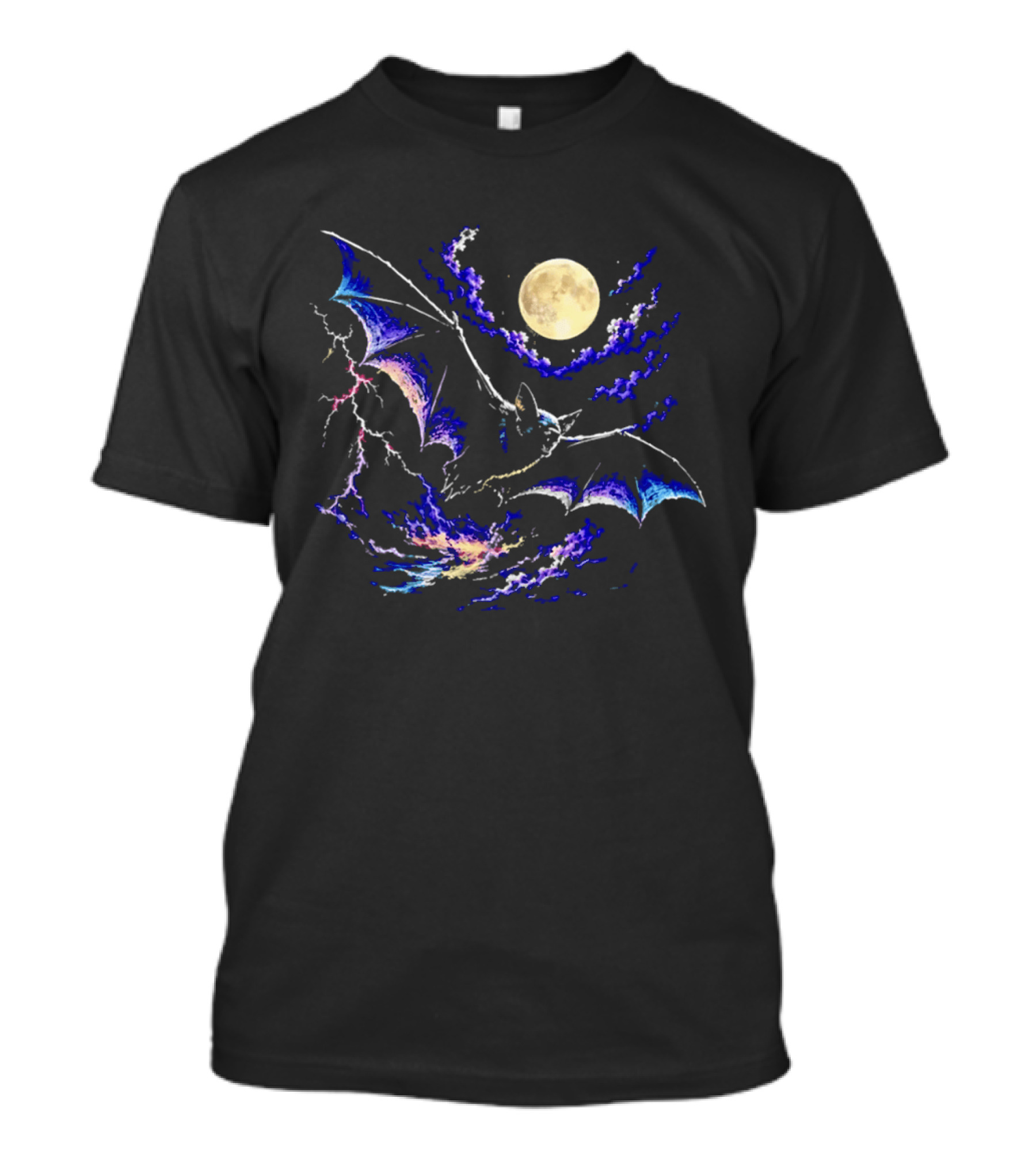 Bat Flying In Stormy Night With Full Moon Lightning And Clouds T-Shirt