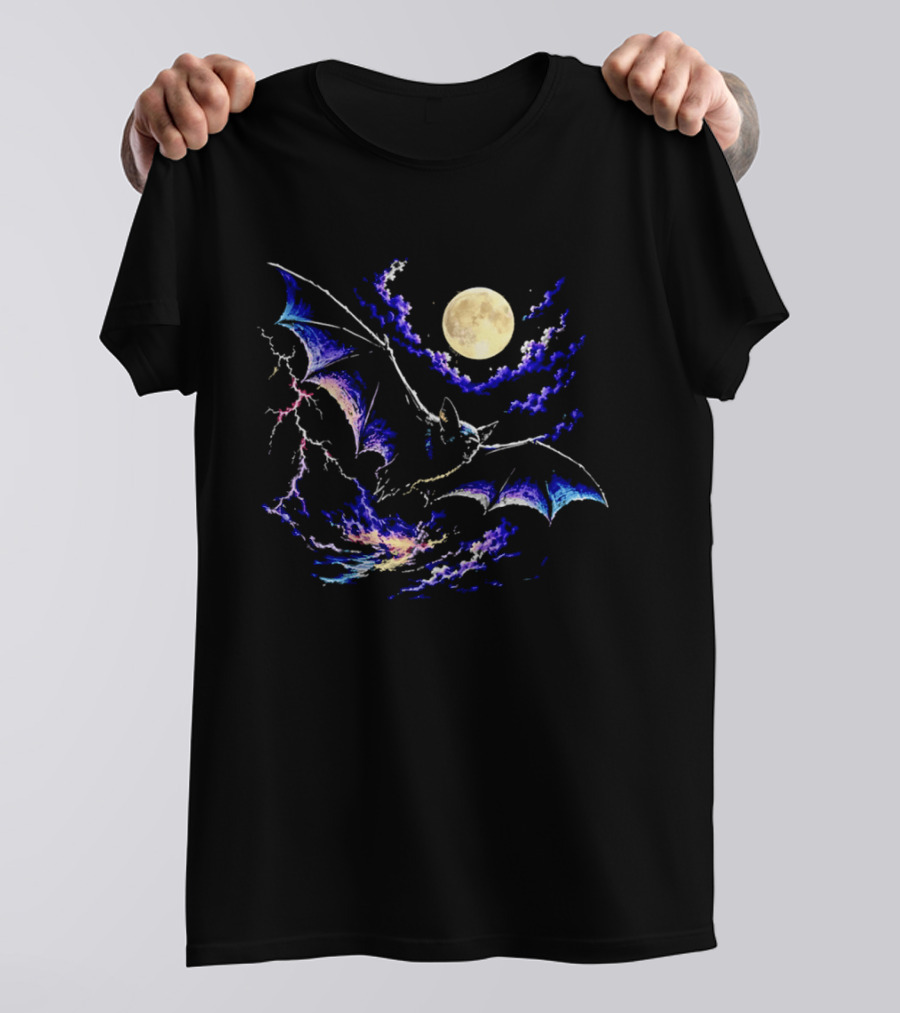 Bat Flying In Stormy Night With Full Moon Lightning And Clouds T-Shirt