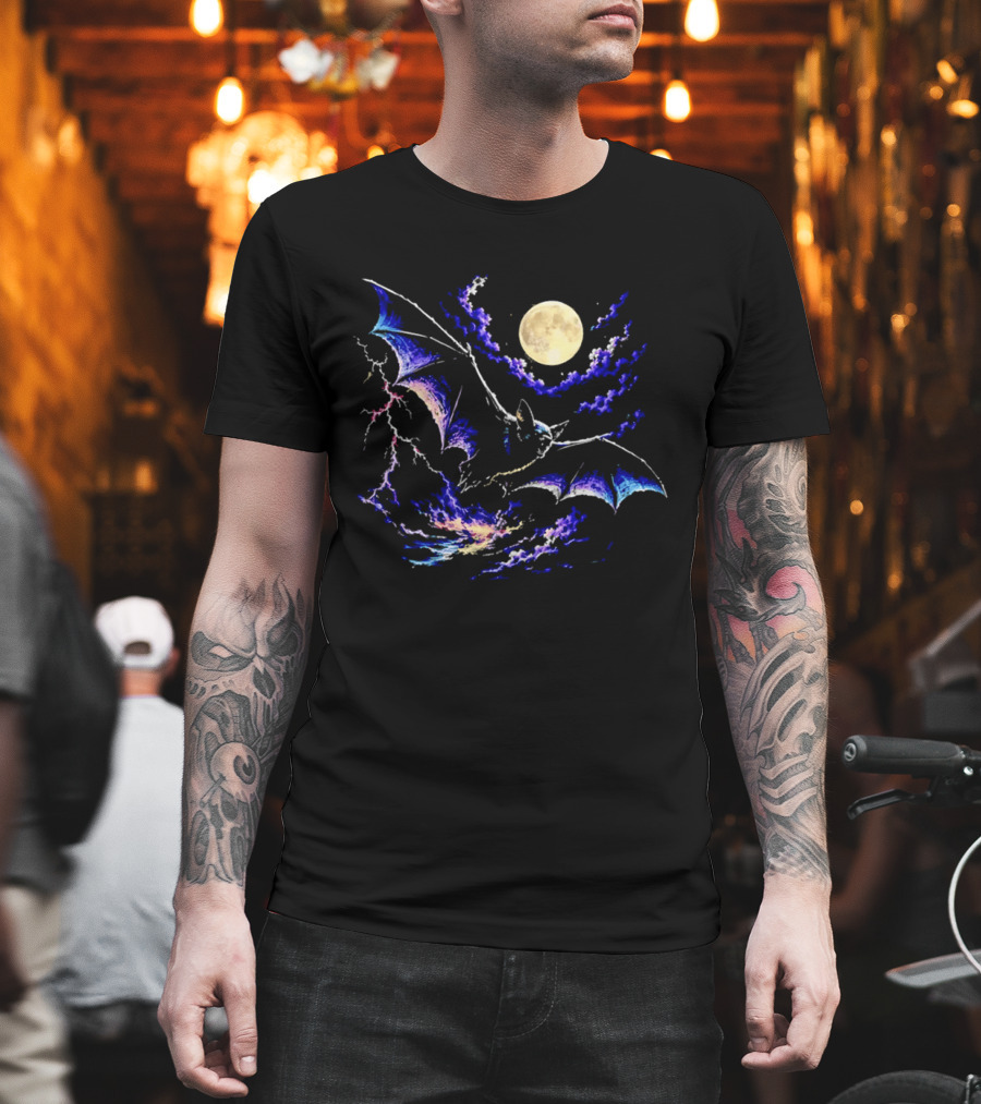 Bat Flying In Stormy Night With Full Moon Lightning And Clouds T-Shirt