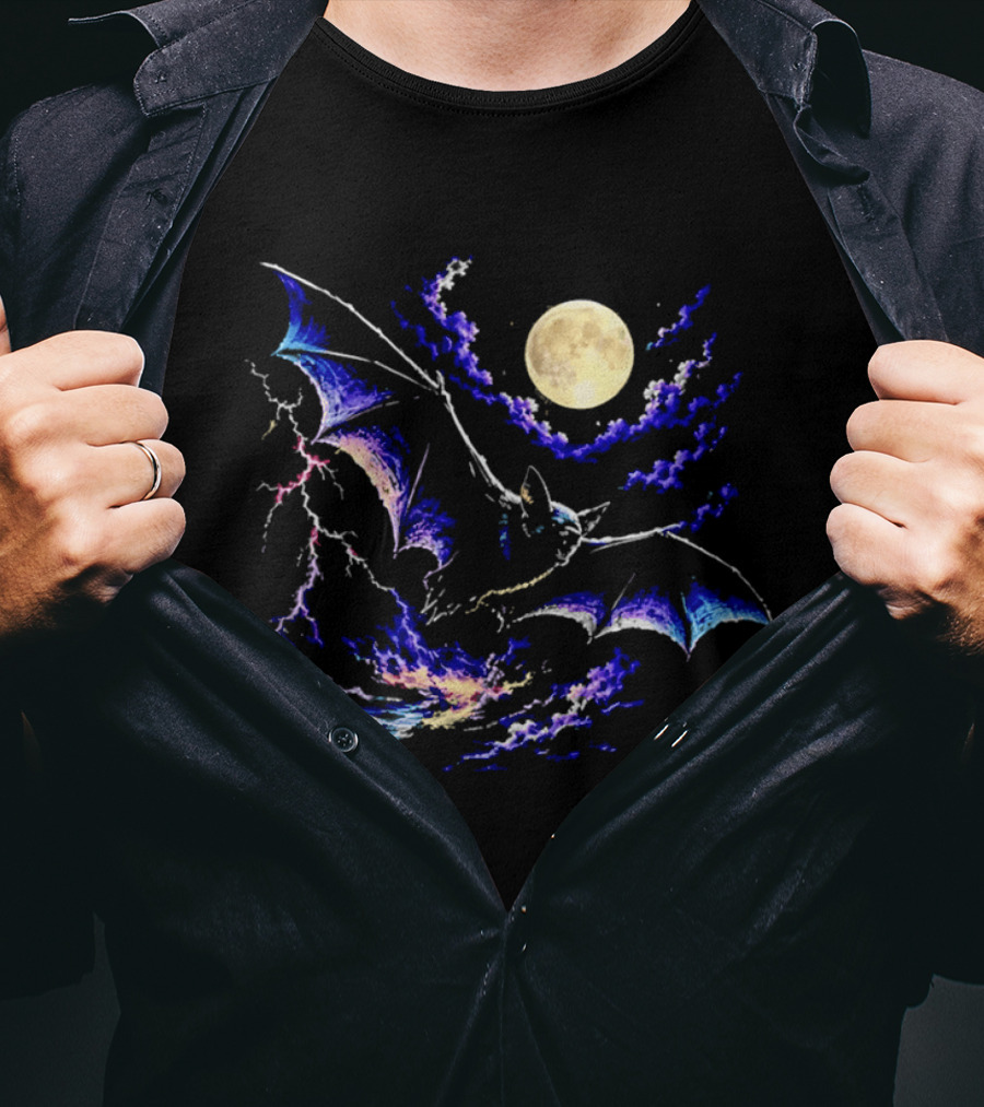 Bat Flying In Stormy Night With Full Moon Lightning And Clouds T-Shirt