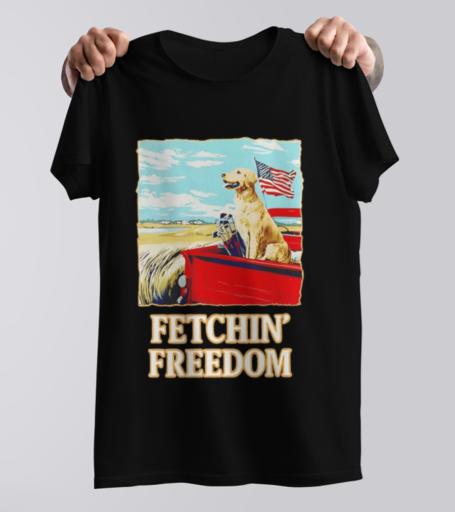 Fetching Freedom Dog And American Flag Scene T-Shirt