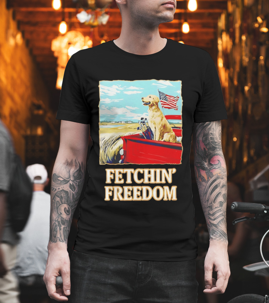 Fetching Freedom Dog And American Flag Scene T-Shirt