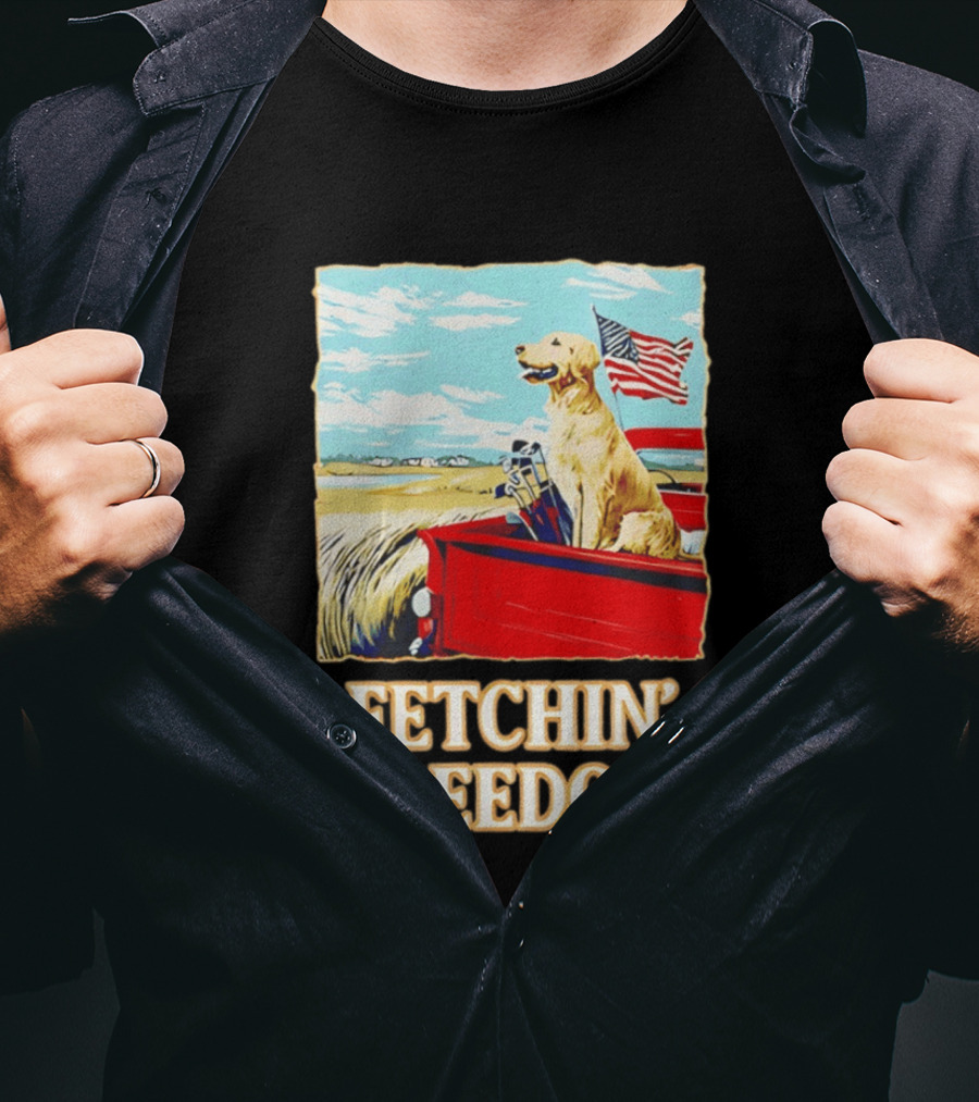 Fetching Freedom Dog And American Flag Scene T-Shirt
