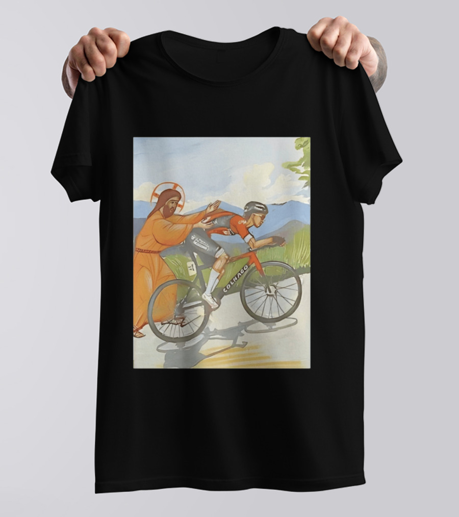 Jesus Gives Tadej Pogačar A Push Colnago Cycling T-Shirt