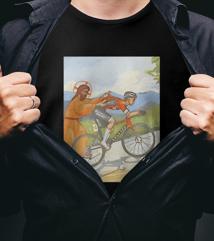 Jesus Gives Tadej Pogačar A Push Colnago Cycling T-Shirt