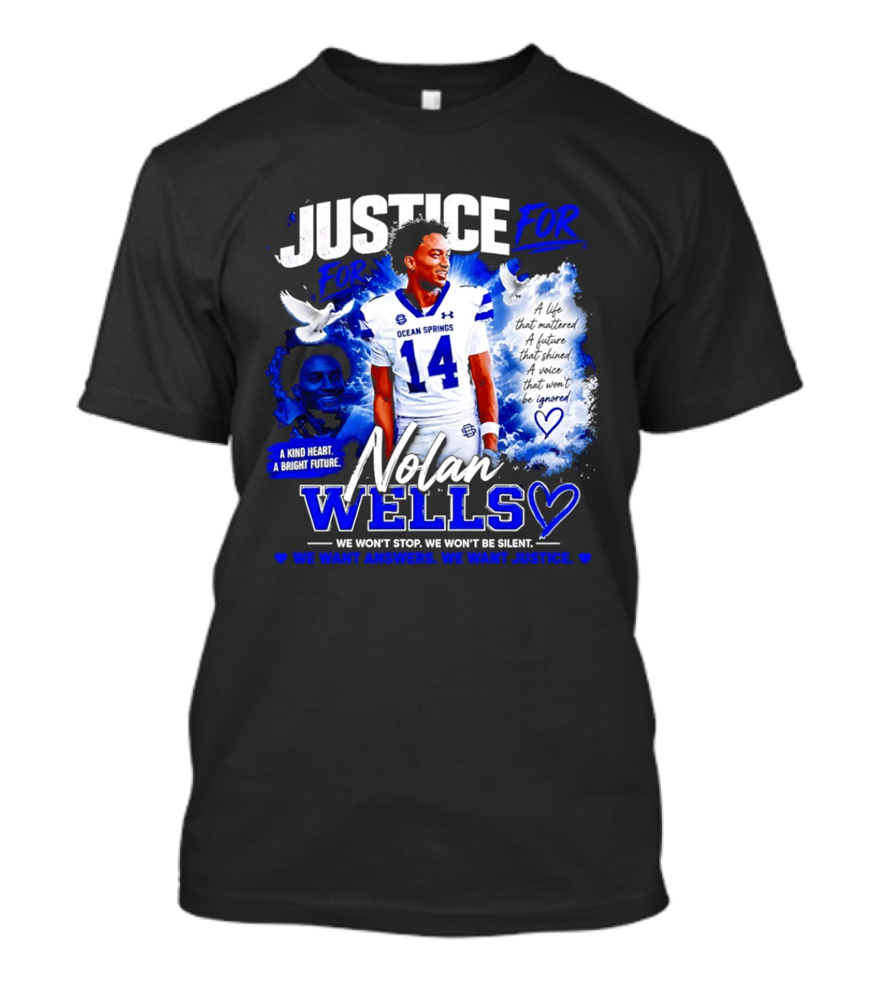 Justice For Nolan Wells Ocean Springs Football Number 14 Ignored Heart We Won't Stop Silent T-Shirt