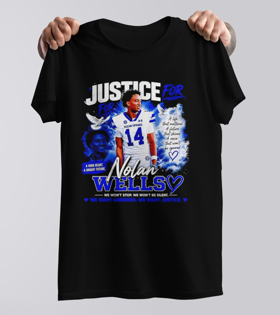 Justice For Nolan Wells Ocean Springs Football Number 14 Ignored Heart We Won't Stop Silent T-Shirt