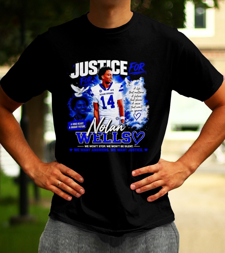 Justice For Nolan Wells Ocean Springs Football Number 14 Ignored Heart We Won't Stop Silent T-Shirt
