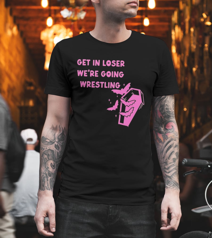 Get In Loser We're Going Wrestling Coffin With Bats And Stars T-Shirt