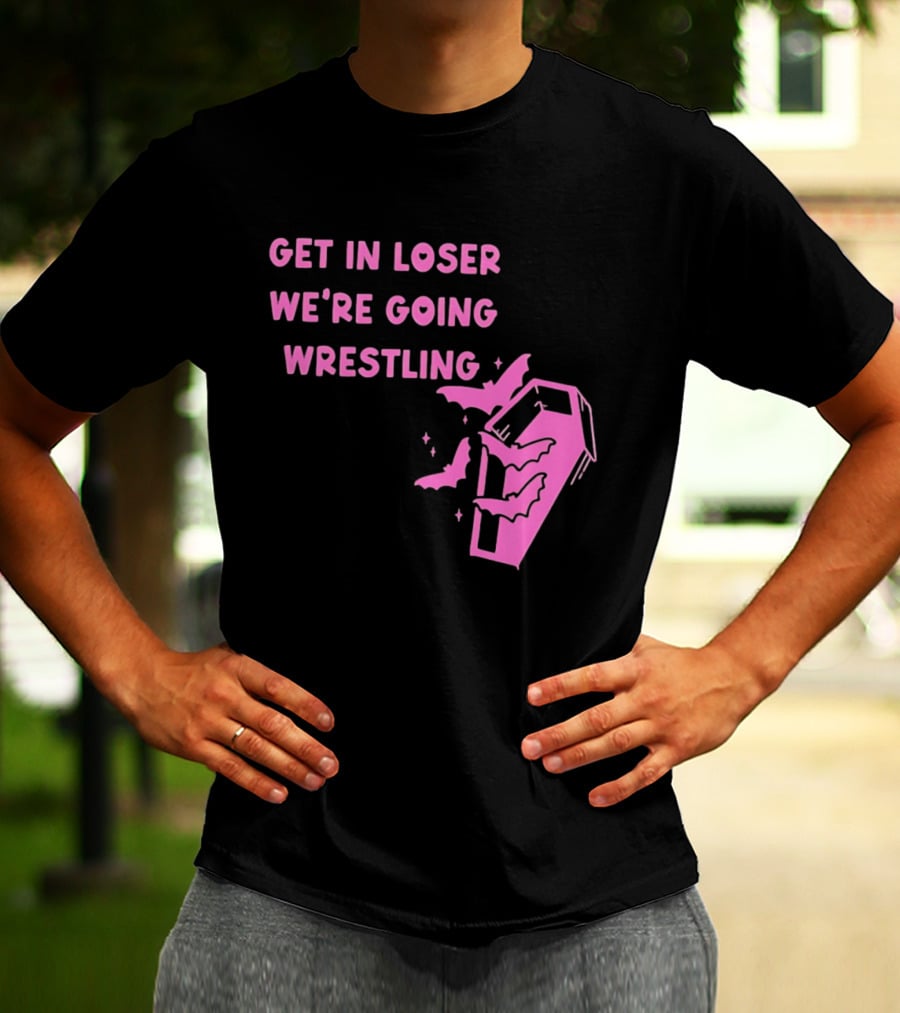 Get In Loser We're Going Wrestling Coffin With Bats And Stars T-Shirt