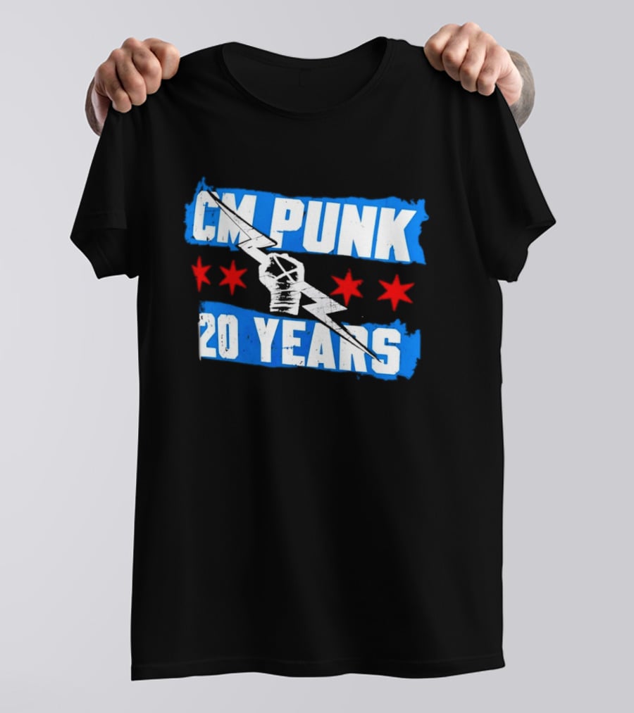 CM Punk 20 Years WWE Flag With Stars And Lightning Fist T-Shirt