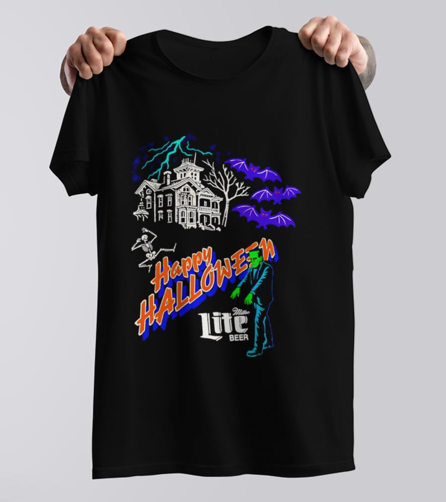 Happy Halloween Miller Lite Beer Haunted House Frankenstein Bats T-Shirt