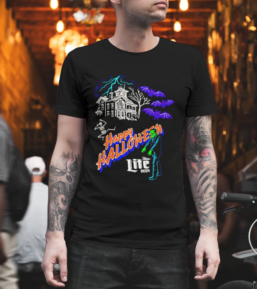Happy Halloween Miller Lite Beer Haunted House Frankenstein Bats T-Shirt