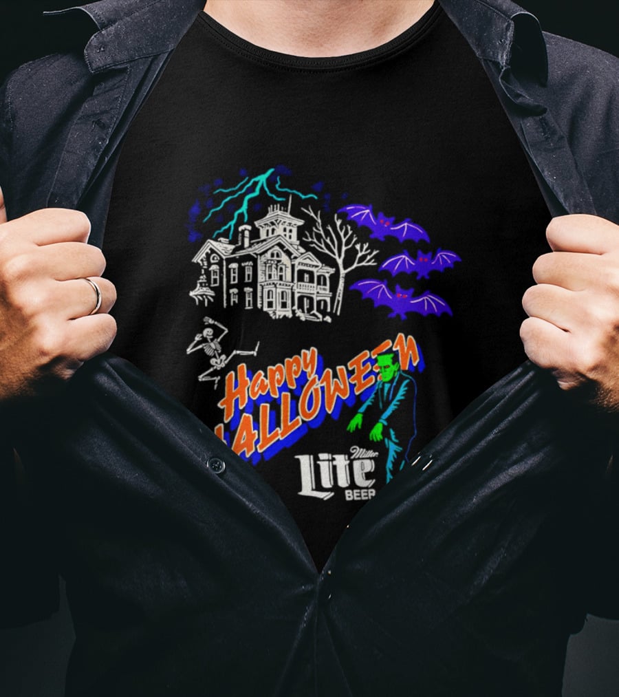 Happy Halloween Miller Lite Beer Haunted House Frankenstein Bats T-Shirt