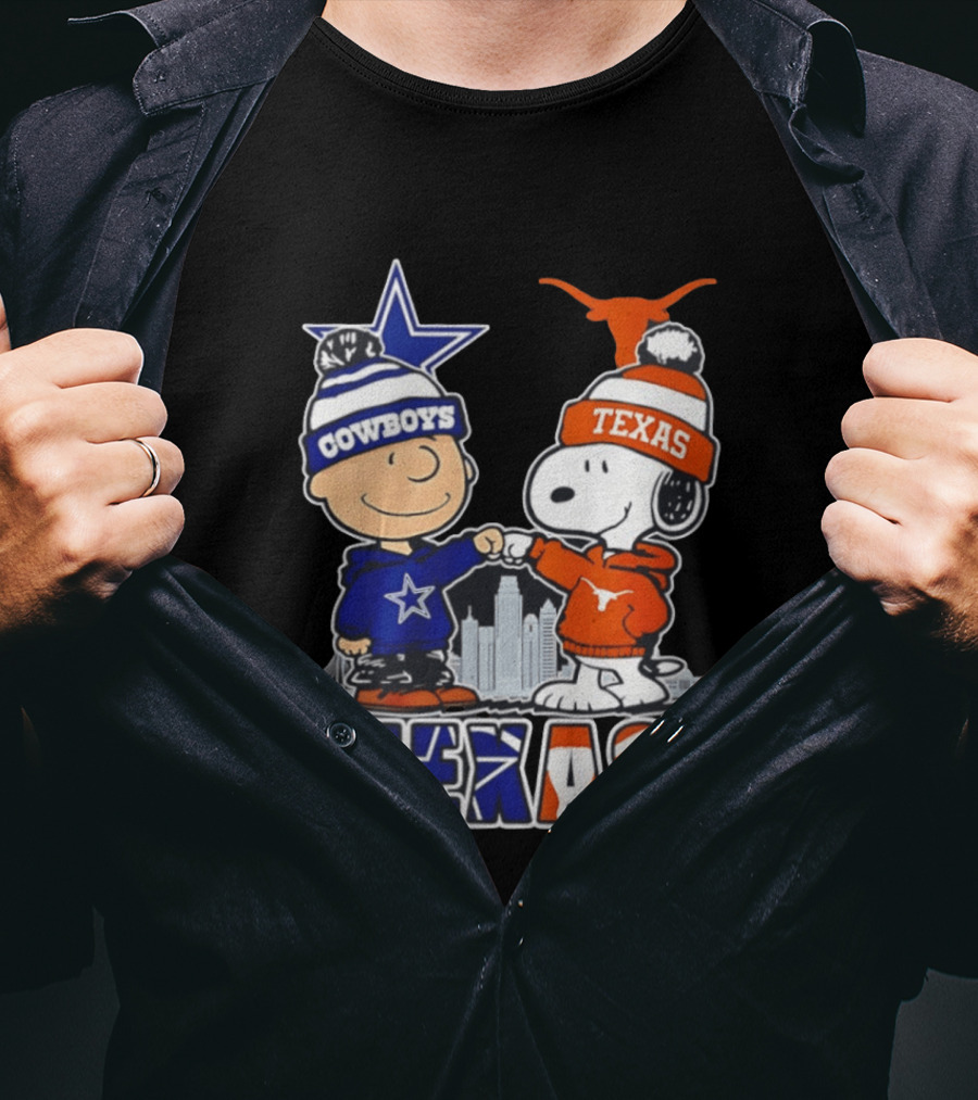 Dallas Cowboys Texas Longhorns Peanuts Characters Stadium Scene T-Shirt