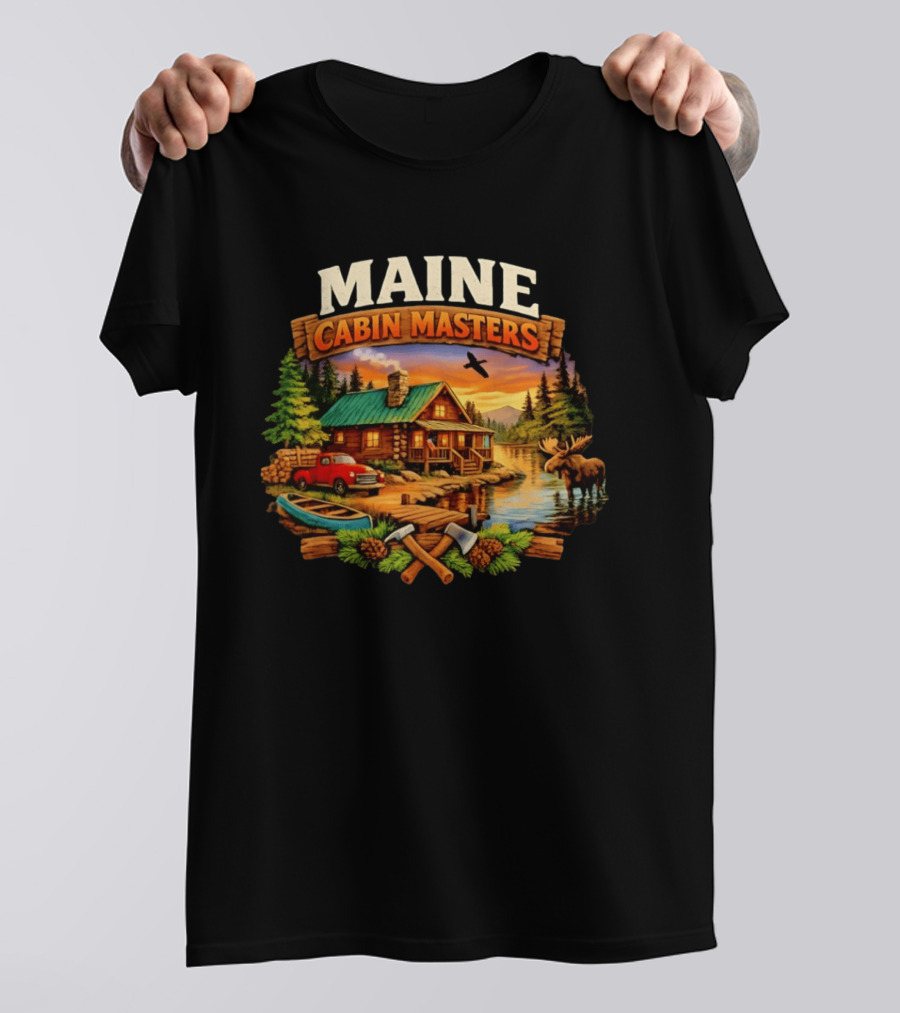 Maine Cabin Masters Rustic Wilderness Scene With Moose And Red Truck T-Shirt