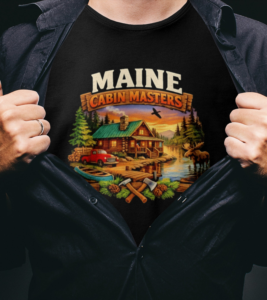 Maine Cabin Masters Rustic Wilderness Scene With Moose And Red Truck T-Shirt