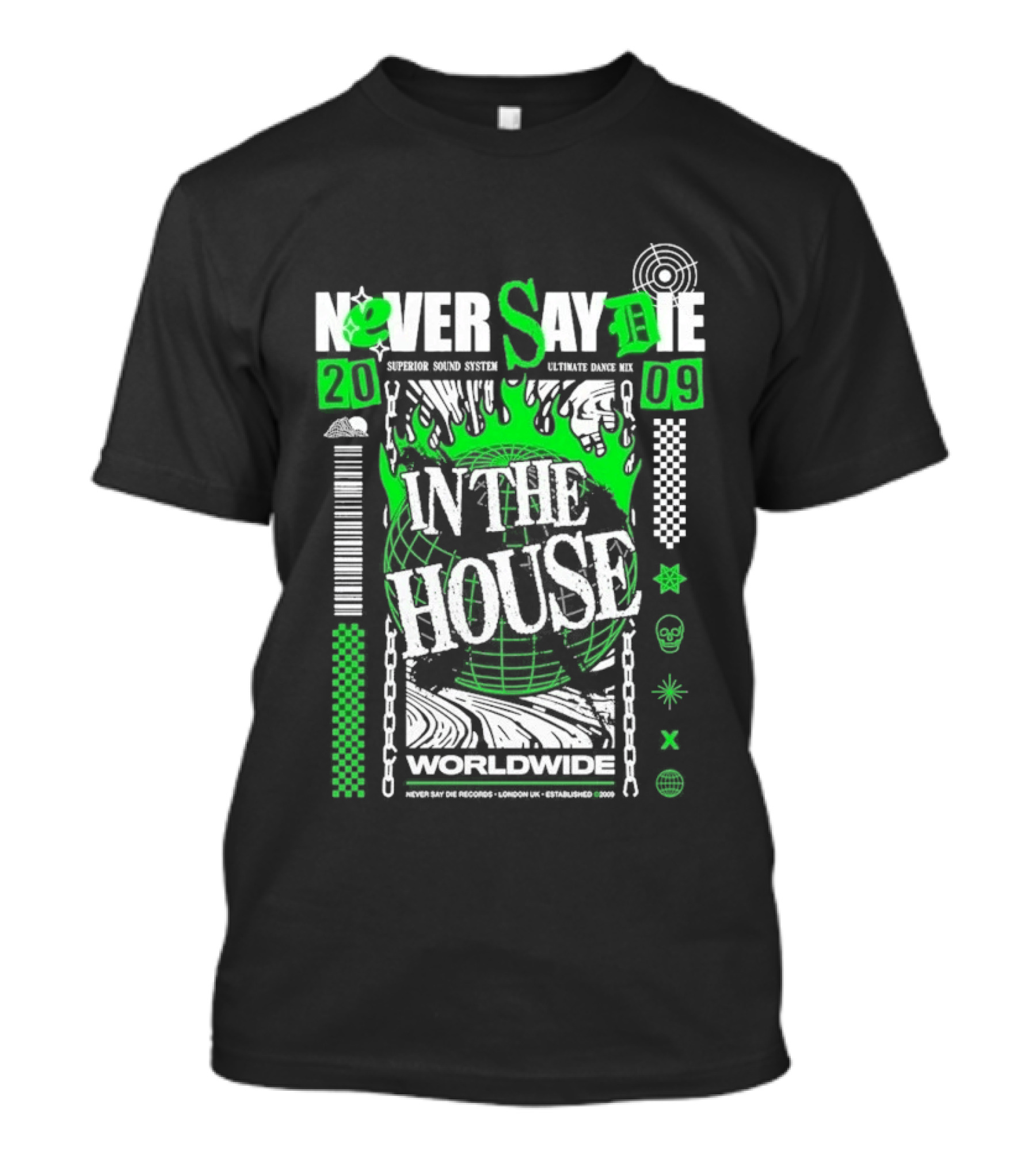 Never Say Die In The House 2009 Worldwide Green Flame Graffiti T-Shirt