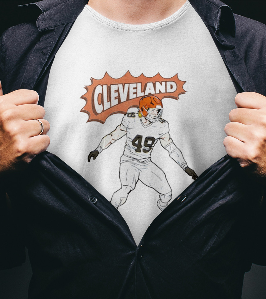 Cleveland Football Comic Style 2026 Player 49 Iconic Helmet T-Shirt