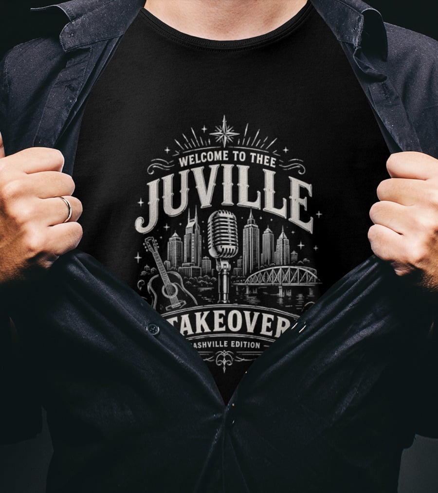 Welcome To Thee Juville Takeover Nashville Edition Microphone Guitar Cityscape Scene T-Shirt