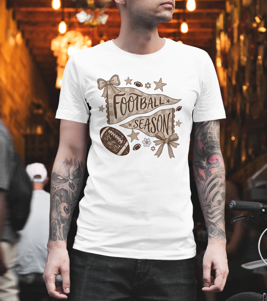 Football Season Pennant Bows And Stars With Footballs T-Shirt