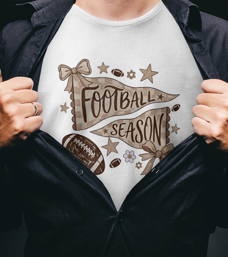 Football Season Pennant Bows And Stars With Footballs T-Shirt