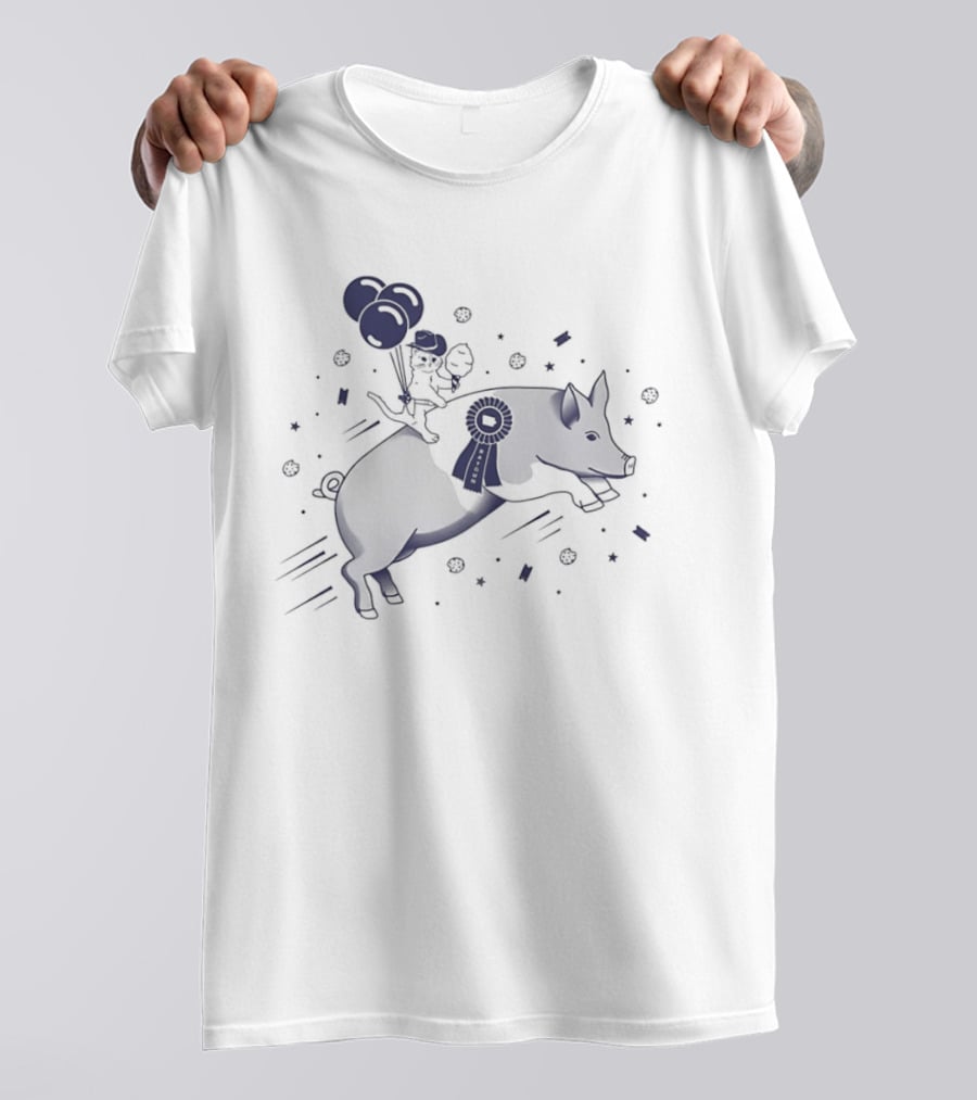 Gary The Cat Riding A Blue Ribbon Pig With Balloons At State Fair T-Shirt