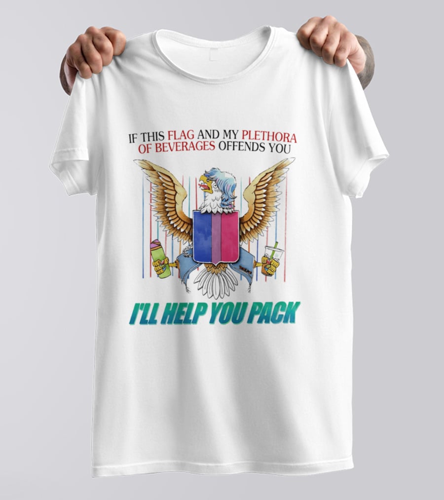 If This Flag And My Plethora Of Beverages Offends You I'll Help You Pack Eagle Holding Drinks T-Shirt
