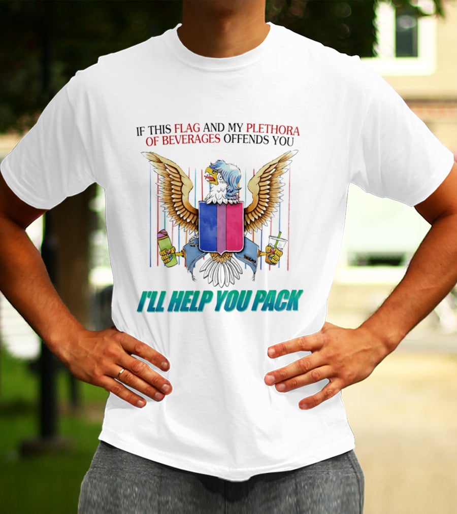 If This Flag And My Plethora Of Beverages Offends You I'll Help You Pack Eagle Holding Drinks T-Shirt