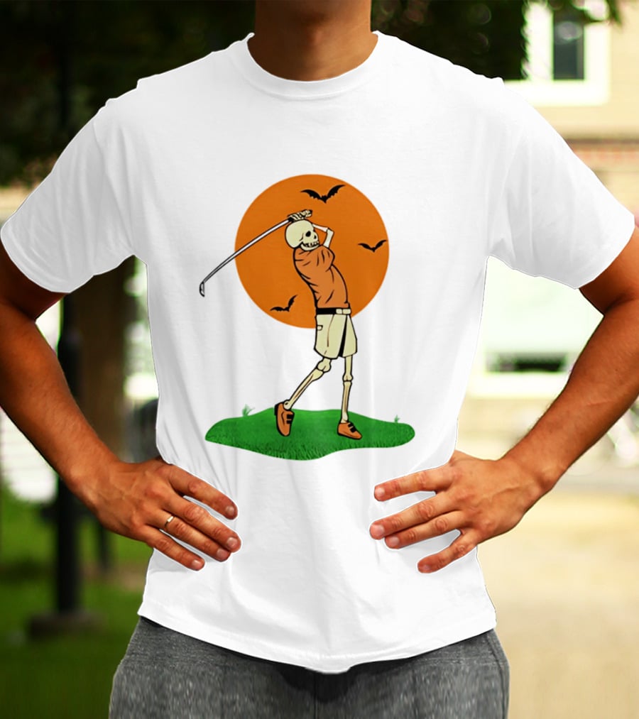 Skeleton Golfer At Sunset With Flying Bats T-Shirt