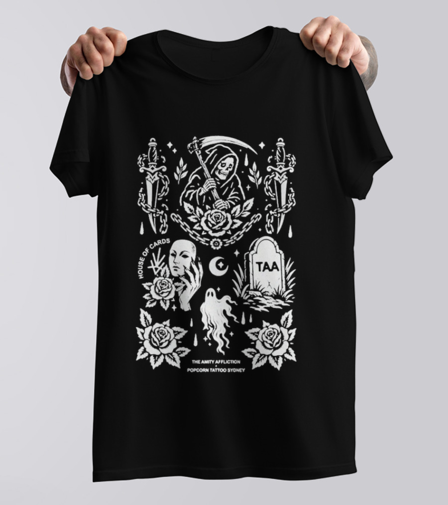 The Amity Affliction X Popcorn Tattoo Sydney Grim Reaper Floral Cemetery TAA T-Shirt